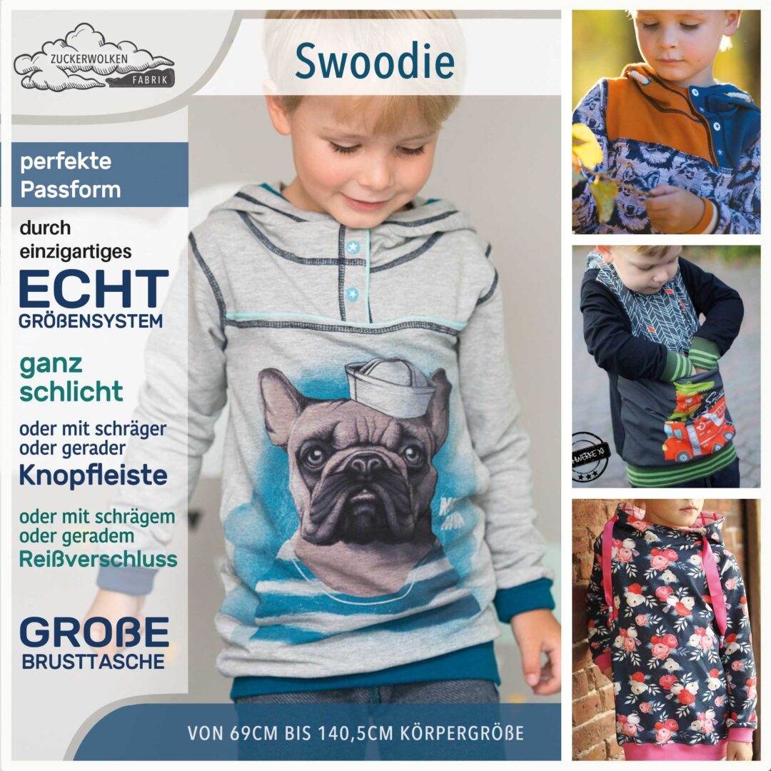2er Sparpaket Swoodie Troyer, Hoodie, Knopfpullover für 69cm-140cm Körpergröße - Sewando
