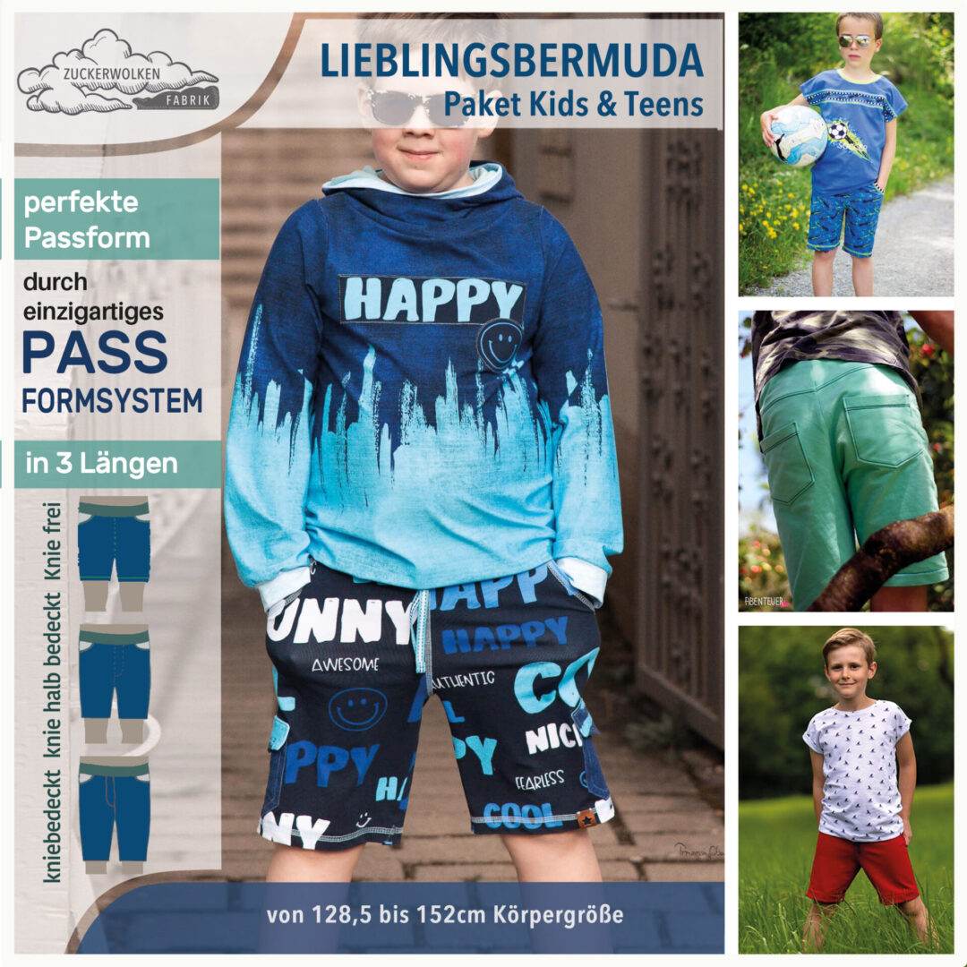 100% Passformgarantie Bermuda (3 Längen) Gr. 69-152cm Familienpaket Schnittmuster einzigartiges Passformsystem mit vielen Weiten und mehreren Hosentypen - Sewando