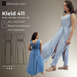 PDF Schnittmuster für ein langes Sommerkleid, Kleid mit V-Ausschnitt, ärmellos, A-Linie, Kleid mit Schlitz, Größe 34 - 50