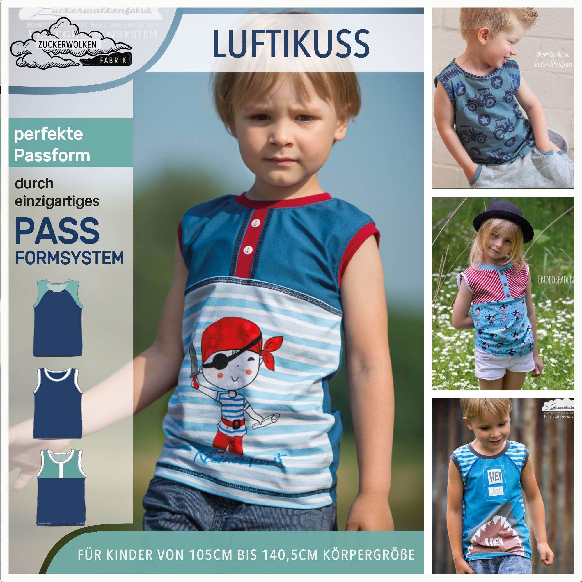 Schnittmuster Luftikuss Gr. 110-140 lässiges Shirt, Top, 2 Trägerbreiten Schnittmuster in Passformsystem mit bis zu 24 Weiten pro Gr. - Sewando