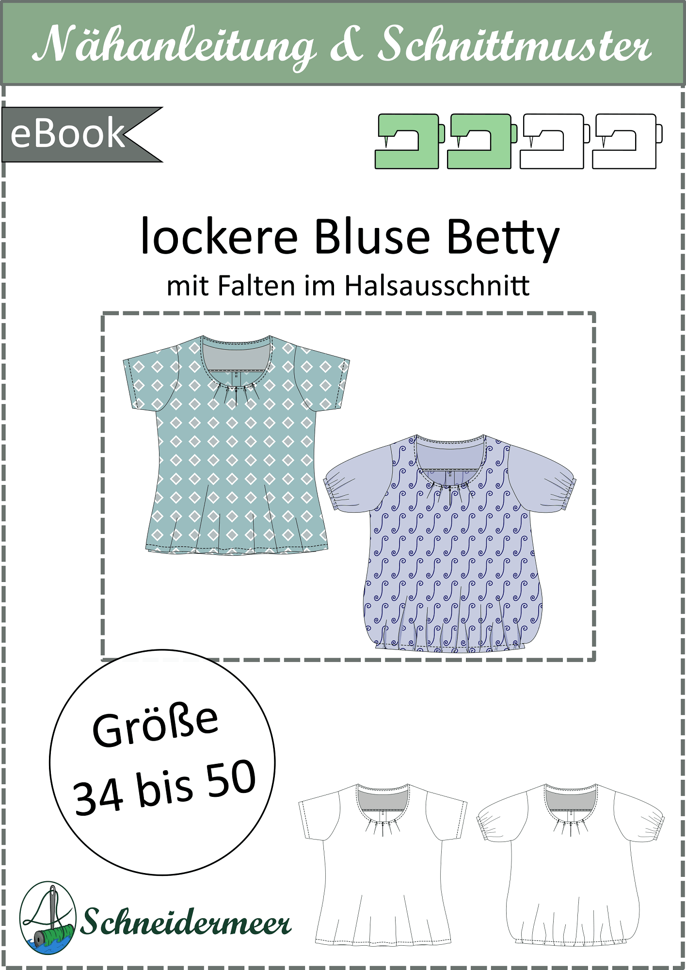 Schnittmuster Betty – Bluse mit Falten & Kellerfalte in 4 Ärmellängen Gr. 34-50 / Bu 80-116 - Sewando