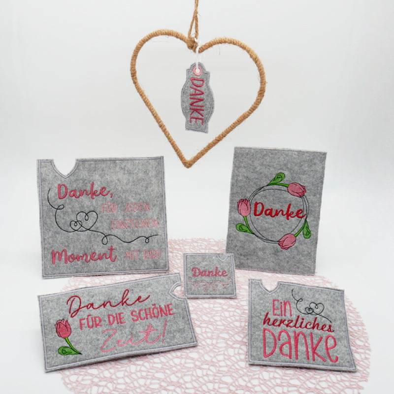 Stickdatei Set Danke ITH Schokohüllen, ITH Grußkarte, Anhänger und Einzelmotive - Sewando