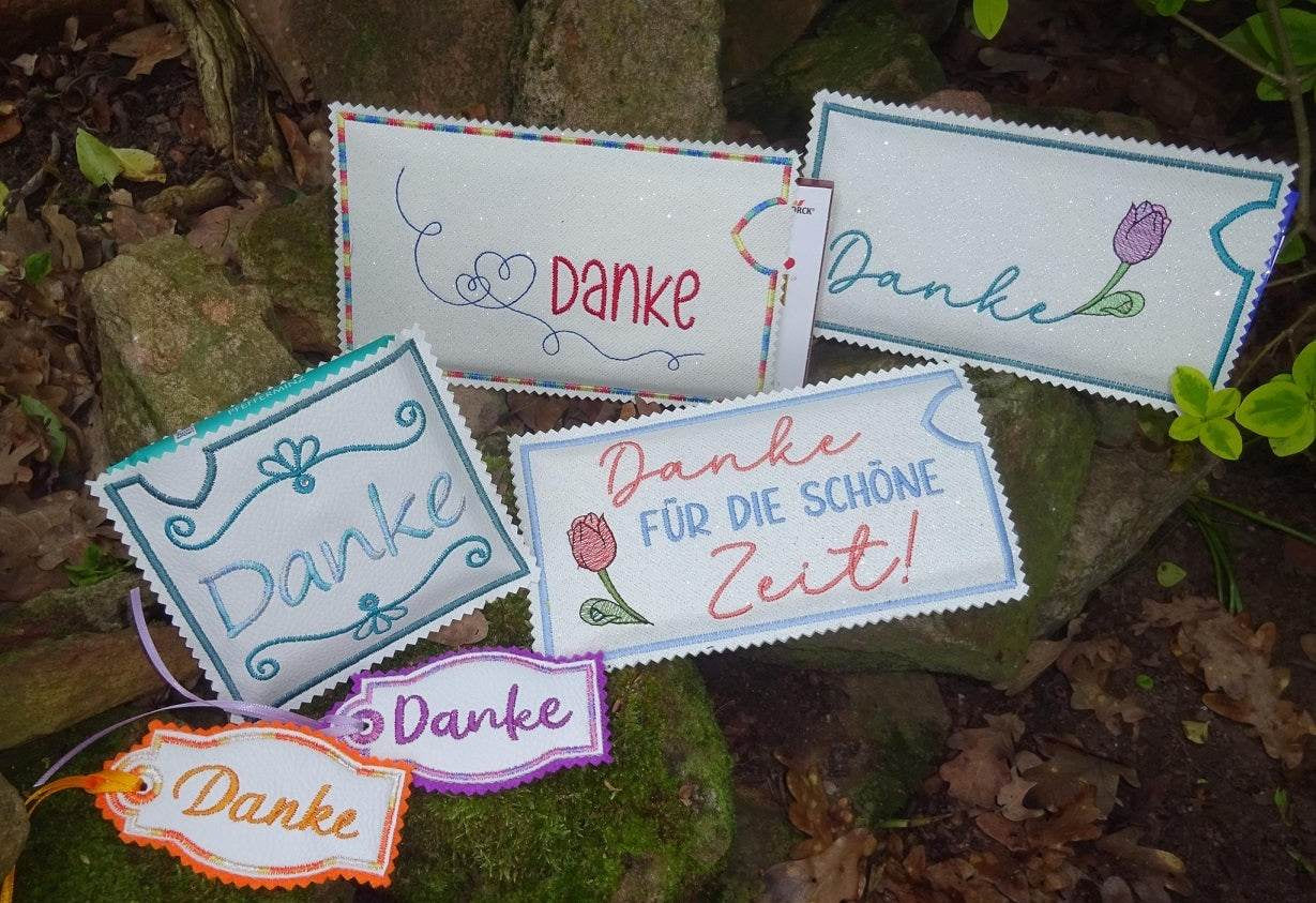 Stickdatei Set Danke ITH Schokohüllen, ITH Grußkarte, Anhänger und Einzelmotive - Sewando