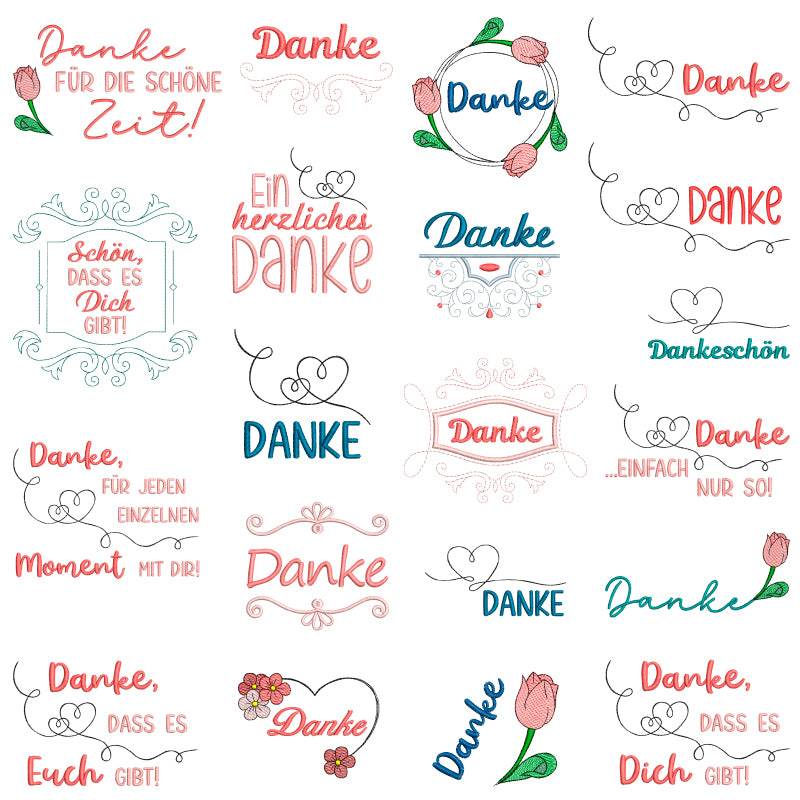 Stickdatei Set Danke Schriftzüge & Sprüche mit Tulpe - Sewando