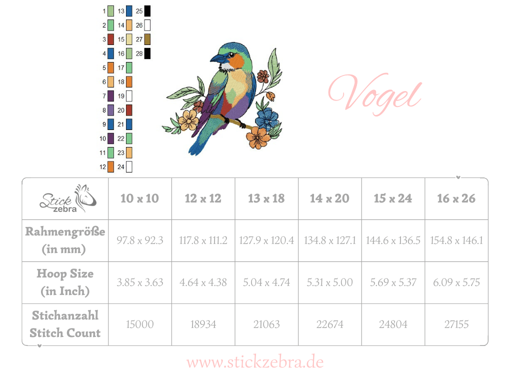 Vogel Stickdatei – bunter Frühlingsbote mit Blütenzauber für deine Stickmaschine - Sewando