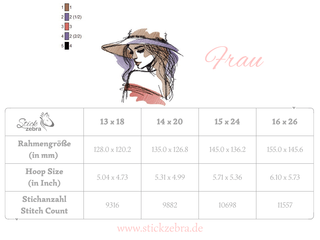 Frau Stickdatei, elegantes Skizzenportrait für deine Stickmaschine - Sewando