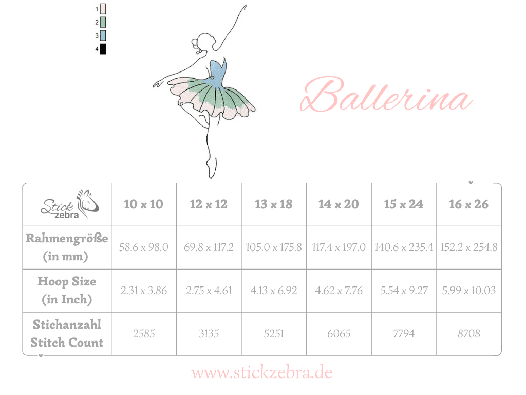 Ballerina Stickdatei, zartes Ballerina-Motiv mit schwingendem Tüllrock für deine Stickmaschine - Sewando