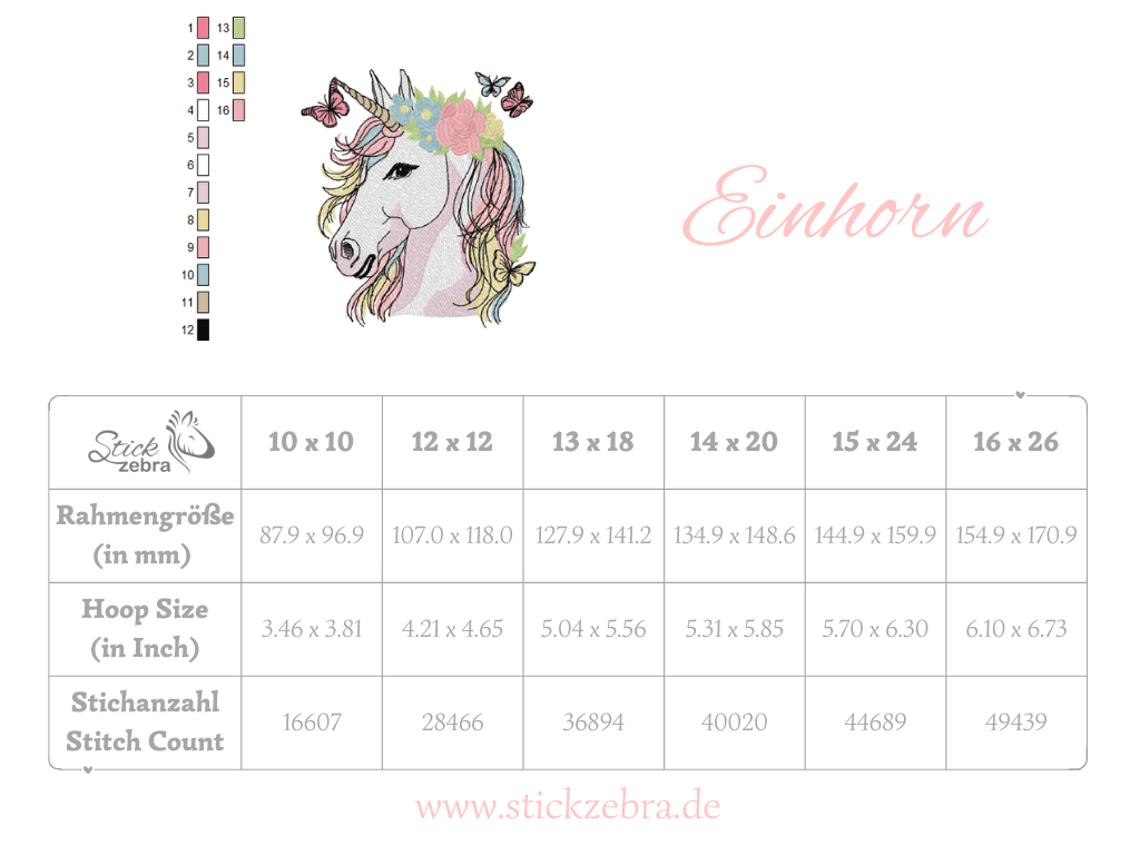 Traumhaftes Einhorn mit Blumen und Schmetterlingen – Stickdatei für deine Stickmaschine - Sewando