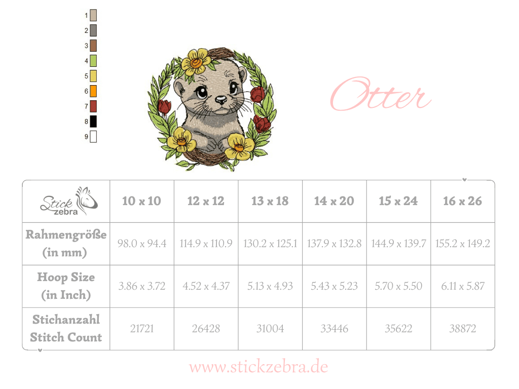 Verspielter Otter mit Blumenkranz – Stickdatei für deine Stickmaschine - Sewando
