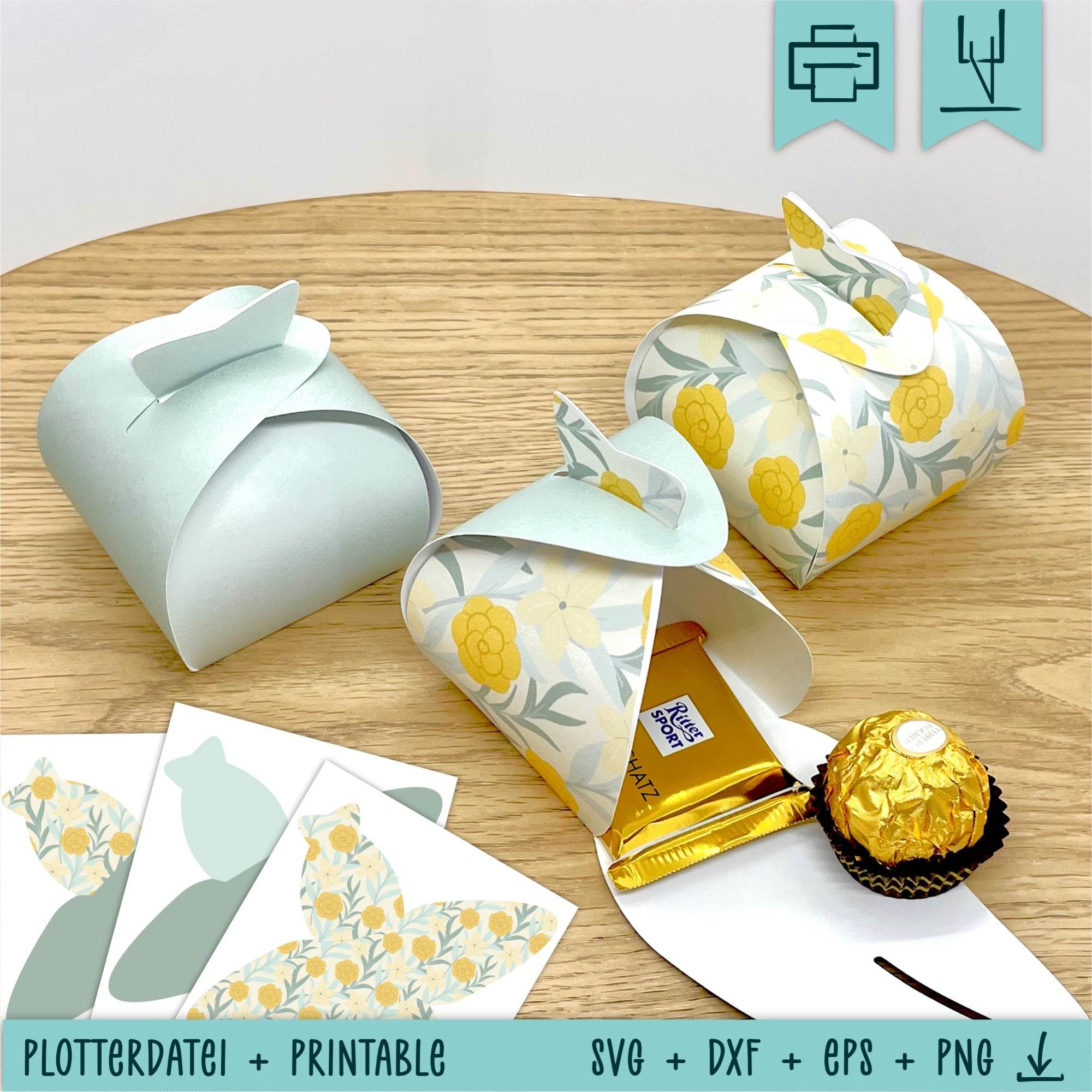 Bundle 3 Geschenkboxen Blumen gelb - Printable und Plotterdatei - Sewando