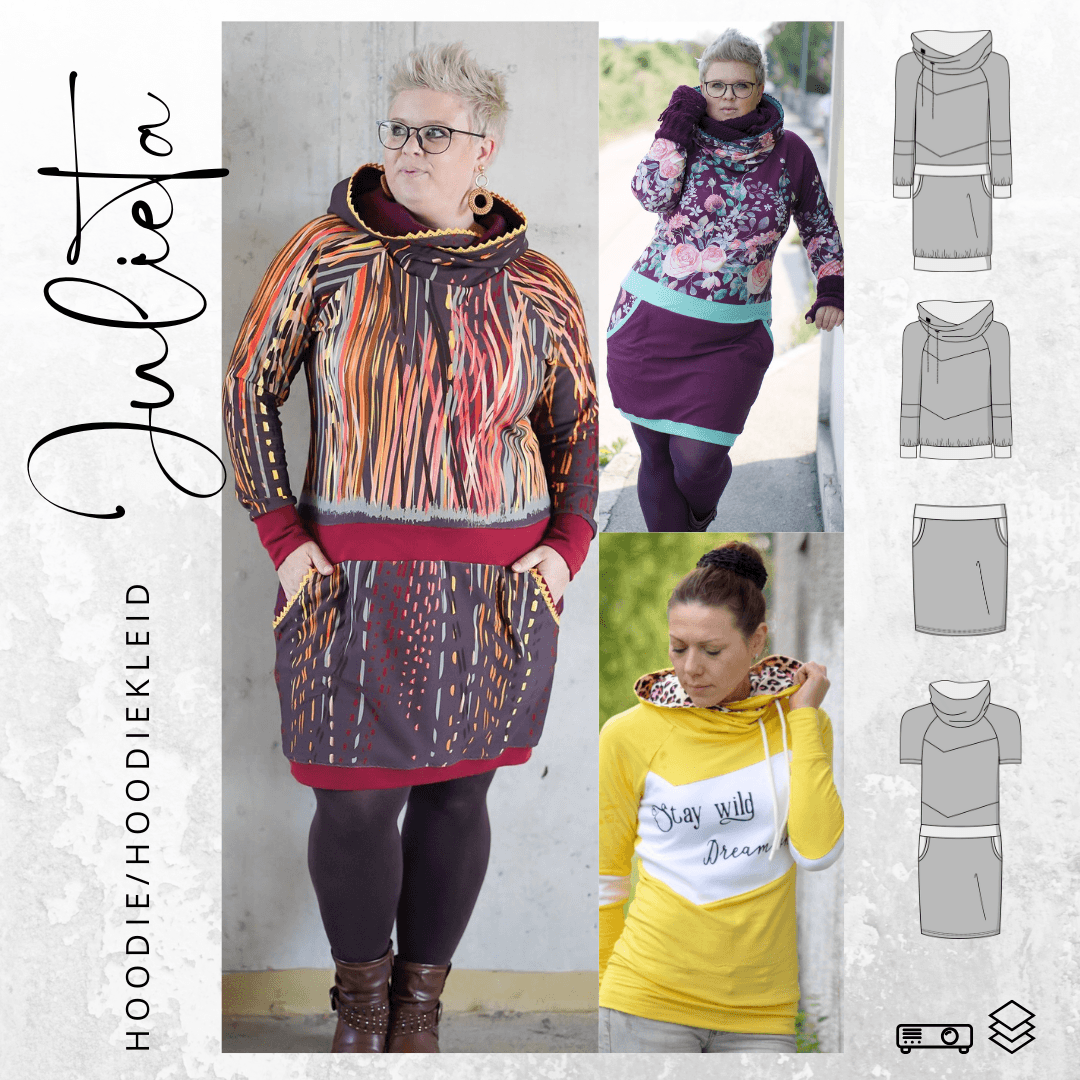 Schnittmuster Hoodie/Hoodiekleid JULIETA 34-52 + Kragen Add on : - Sewando