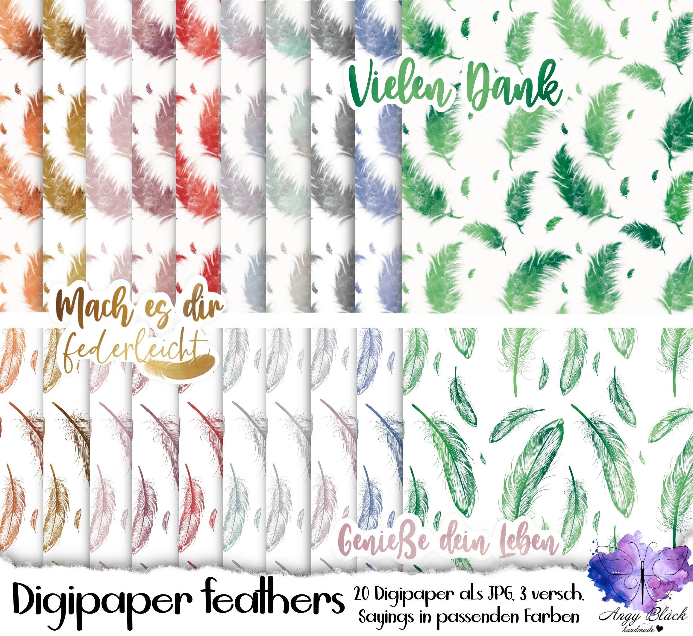 Digiset „Feather, 20 Digipaper JPEG, Sayings PNG - Sewando