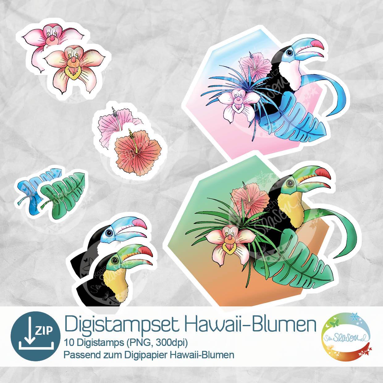 Digistampset Hawaii-Blumen, Druckvorlage, Sublimation, Digistamp - Sewando