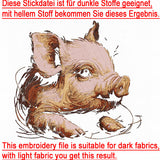 Stickdatei Schweinchen "Nils" - realistisch - FÜR DUNKLE STOFFE