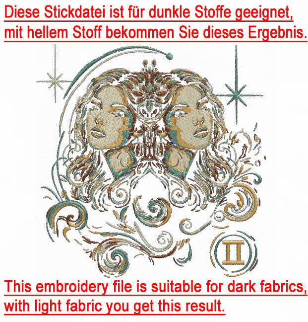 Stickdatei Sternzeichen Zwilling Frau - realistisch - FÜR DUNKLE STOFFE - Sewando
