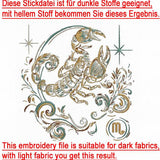 Stickdatei Sternzeichen Skorpion - realistisch - FÜR DUNKLE STOFFE - Sewando