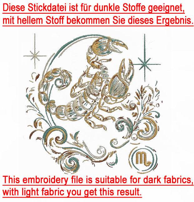 Stickdatei Sternzeichen Skorpion - realistisch - FÜR DUNKLE STOFFE - Sewando