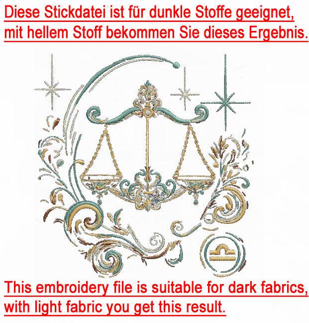 Stickdatei Sternzeichen Waage - realistisch - FÜR DUNKLE STOFFE - Sewando