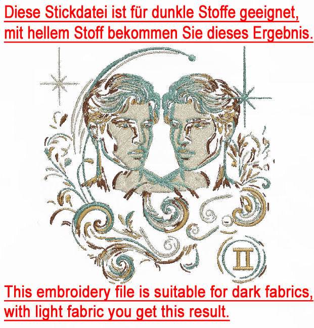 Stickdatei Sternzeichen Zwilling Mann - realistisch - FÜR DUNKLE STOFFE - Sewando