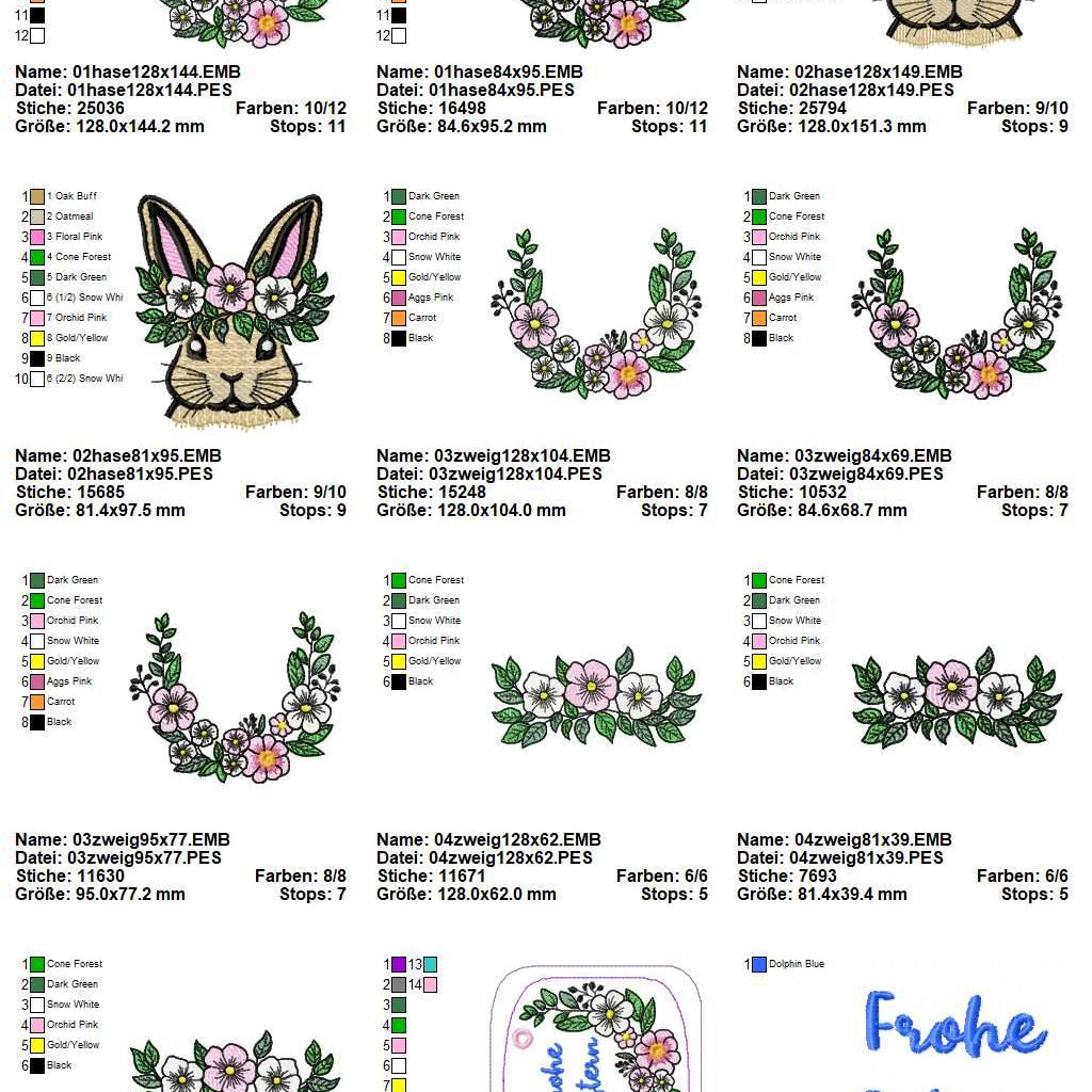 Stickdatei Set Easter Bunnies, Hase 2 Versionen, Blumenranken, Schriftzug Frohe Ostern und ITH Schild - Sewando