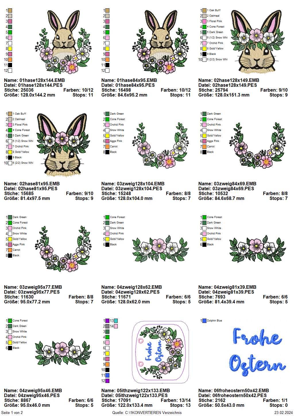 Stickdatei Set Easter Bunnies, Hase 2 Versionen, Blumenranken, Schriftzug Frohe Ostern und ITH Schild - Sewando