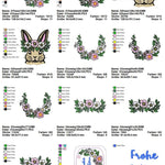 Stickdatei Set Easter Bunnies, Hase 2 Versionen, Blumenranken, Schriftzug Frohe Ostern und ITH Schild - Sewando