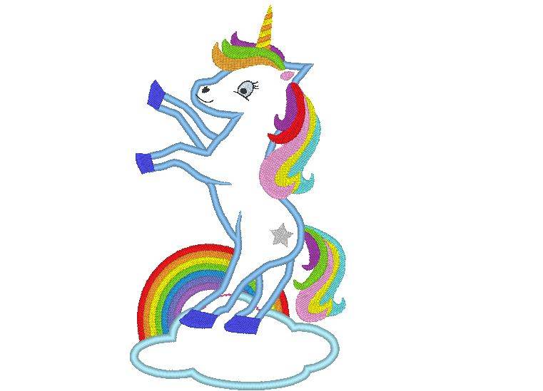 Stickdatei Einhorn stehend auf einer Wolke mit Regenbogen - Sewando