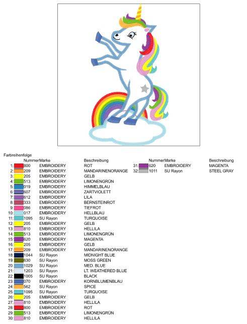 Stickdatei Einhorn stehend auf einer Wolke mit Regenbogen - Sewando