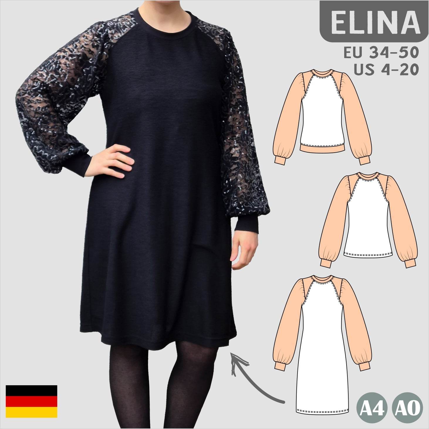 Schnittmuster Elina – Strickkleid & Raglan-Pullover mit Puffärmeln Gr. 34-50 / BU 80-116 - Sewando