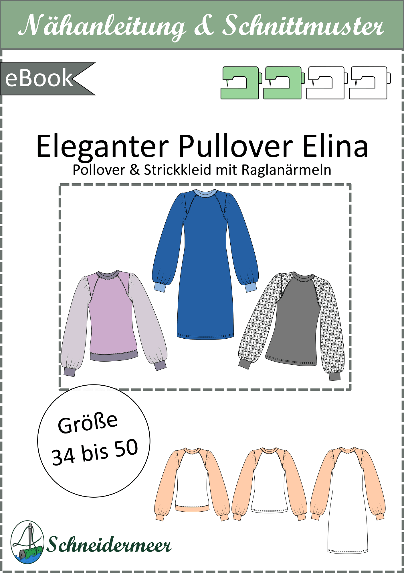 Schnittmuster Elina – Strickkleid & Raglan-Pullover mit Puffärmeln Gr. 34-50 / BU 80-116 - Sewando