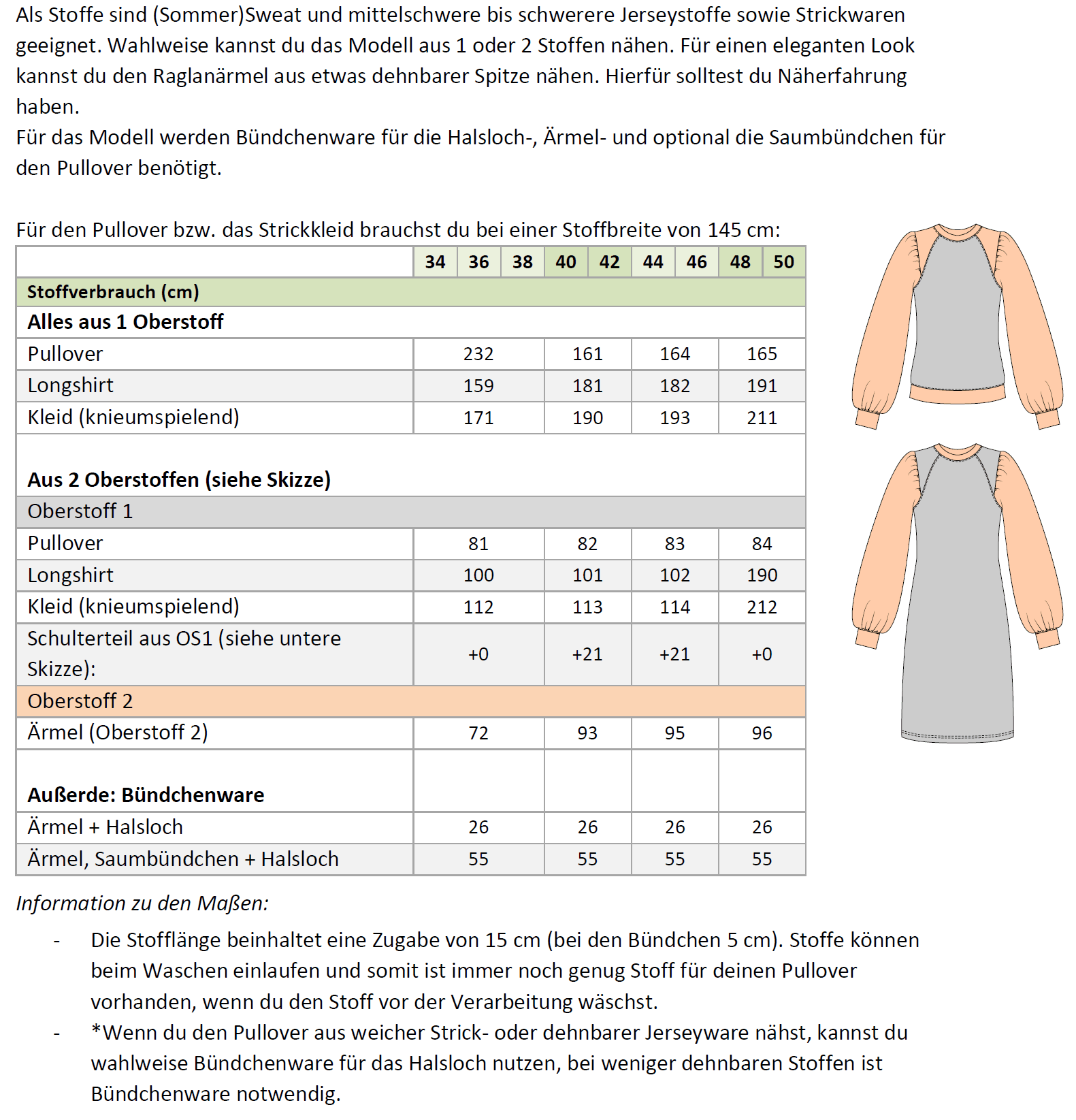 Schnittmuster Elina – Strickkleid & Raglan-Pullover mit Puffärmeln Gr. 34-50 / BU 80-116 - Sewando