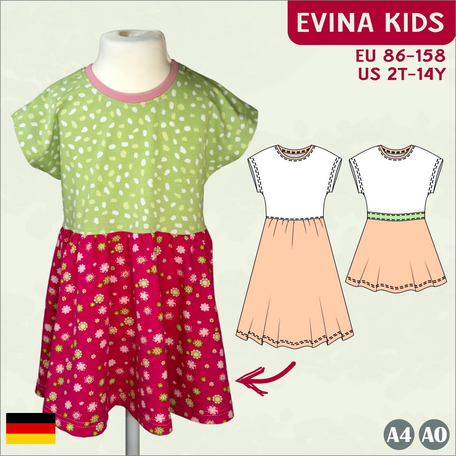 Schnittmuster Evina Kids – Shirt & Sommerkleid mit angeschnittenen Ärmeln Gr. 86-158 - Sewando