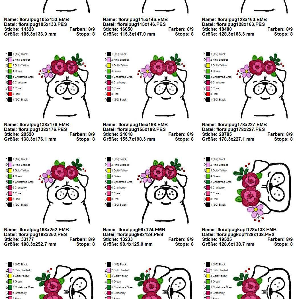 Stickdatei Cute Floral Pug - Sewando