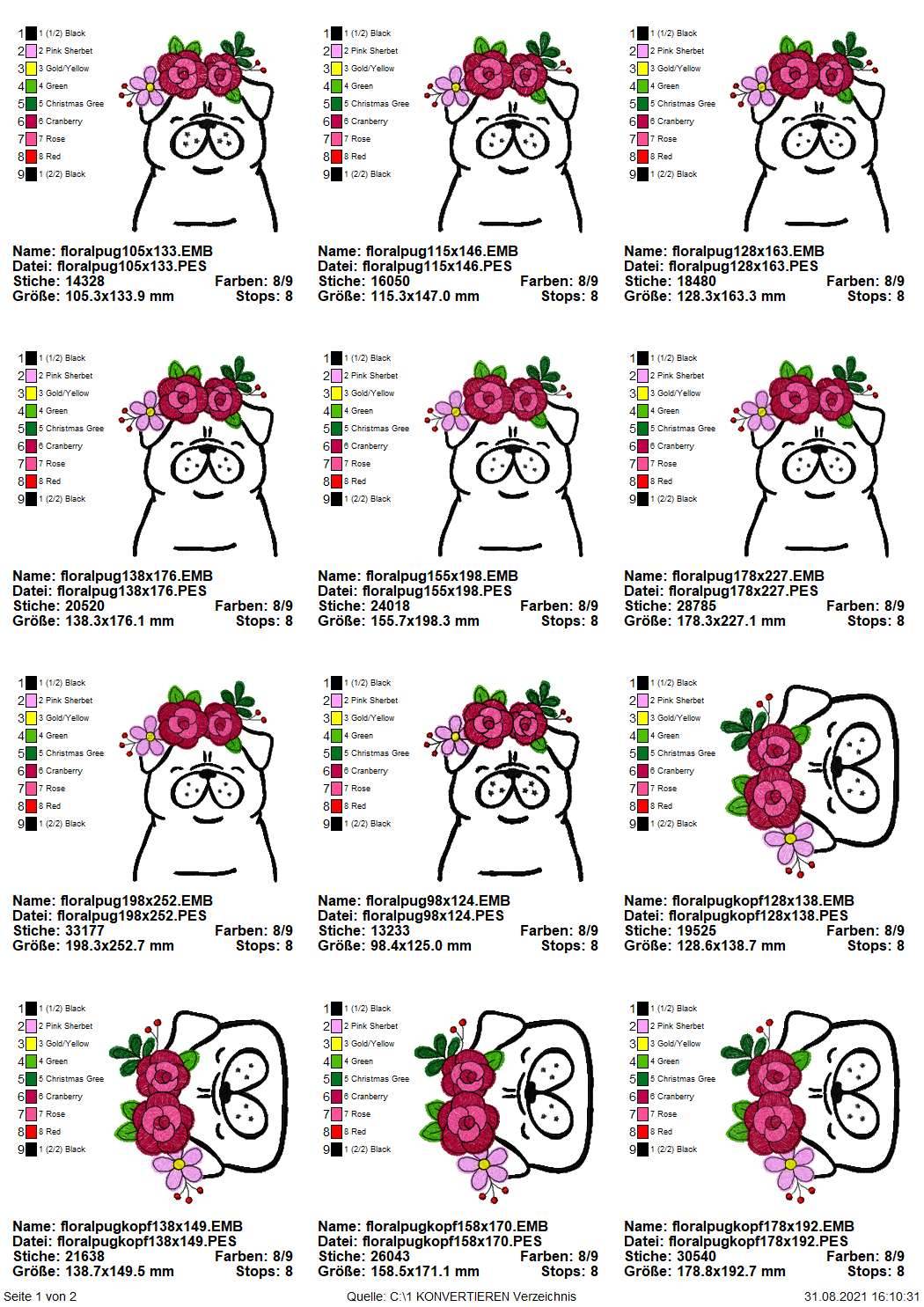 Stickdatei Cute Floral Pug - Sewando