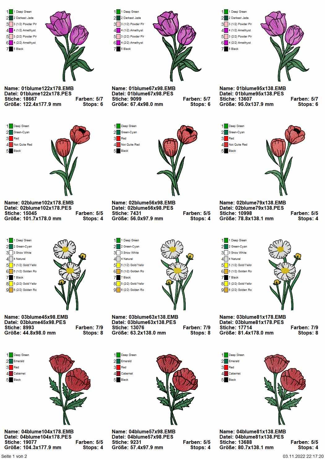 Stickdatei Set 6 Blumen - Mohnblume, Sonnenblume, Tulpe, Margerite & Rose - Sewando