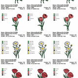 Stickdatei Set 6 Blumen - Mohnblume, Sonnenblume, Tulpe, Margerite & Rose - Sewando