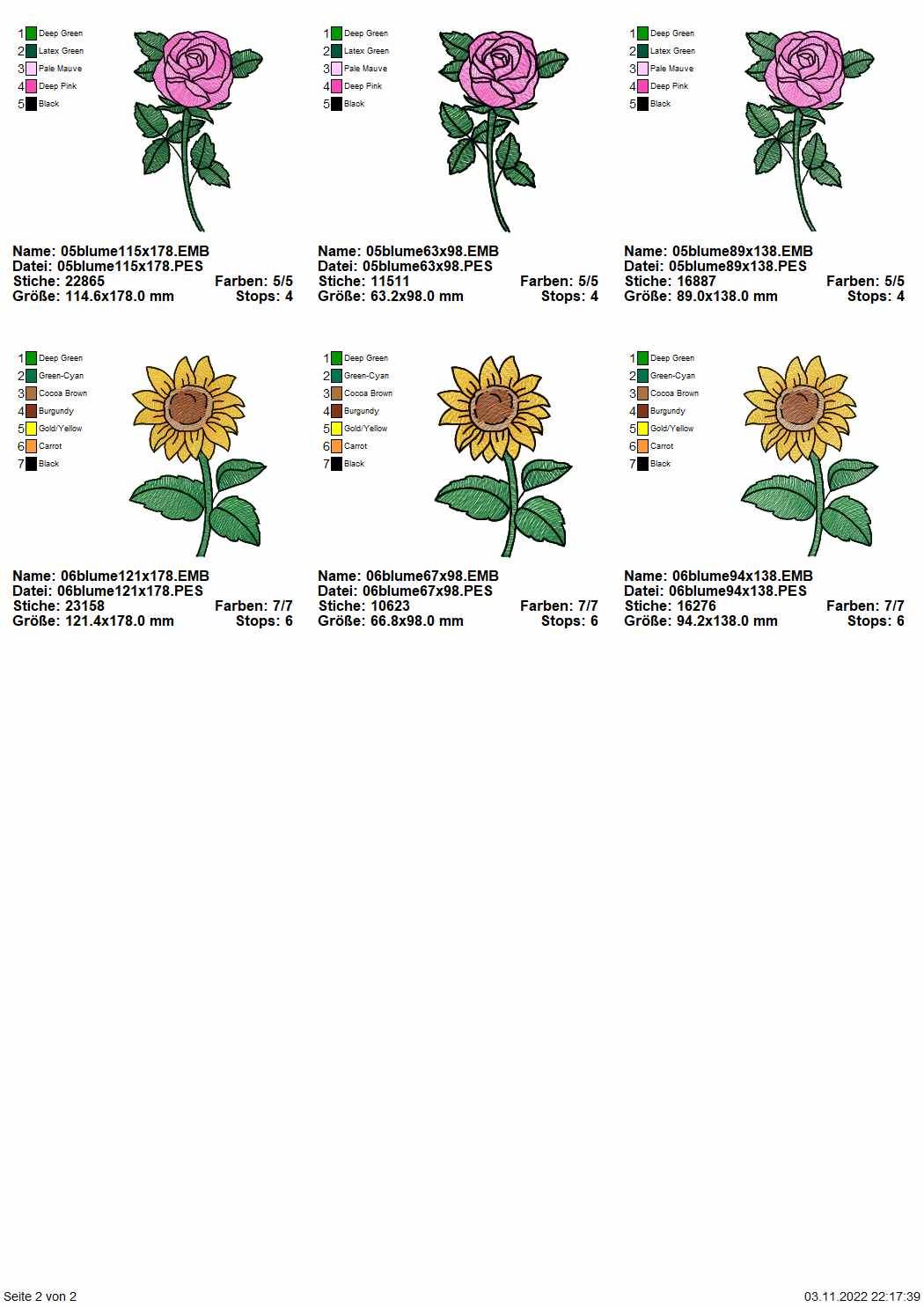 Stickdatei Set 6 Blumen - Mohnblume, Sonnenblume, Tulpe, Margerite & Rose - Sewando