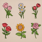 Stickdatei Set 6 Blumen - Mohnblume, Sonnenblume, Tulpe, Margerite & Rose - Sewando