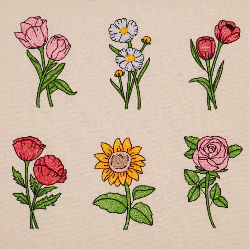 Stickdatei Set 6 Blumen - Mohnblume, Sonnenblume, Tulpe, Margerite & Rose - Sewando