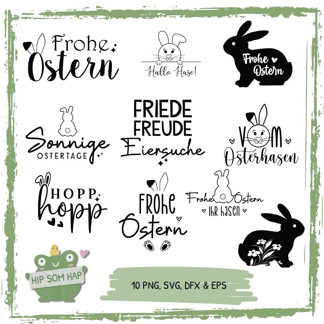 Plotterdateien Ostern Bundle – 10 süße Osterdesigns mit Hasen, Sprüchen & Frühlingsmotiven - Sewando