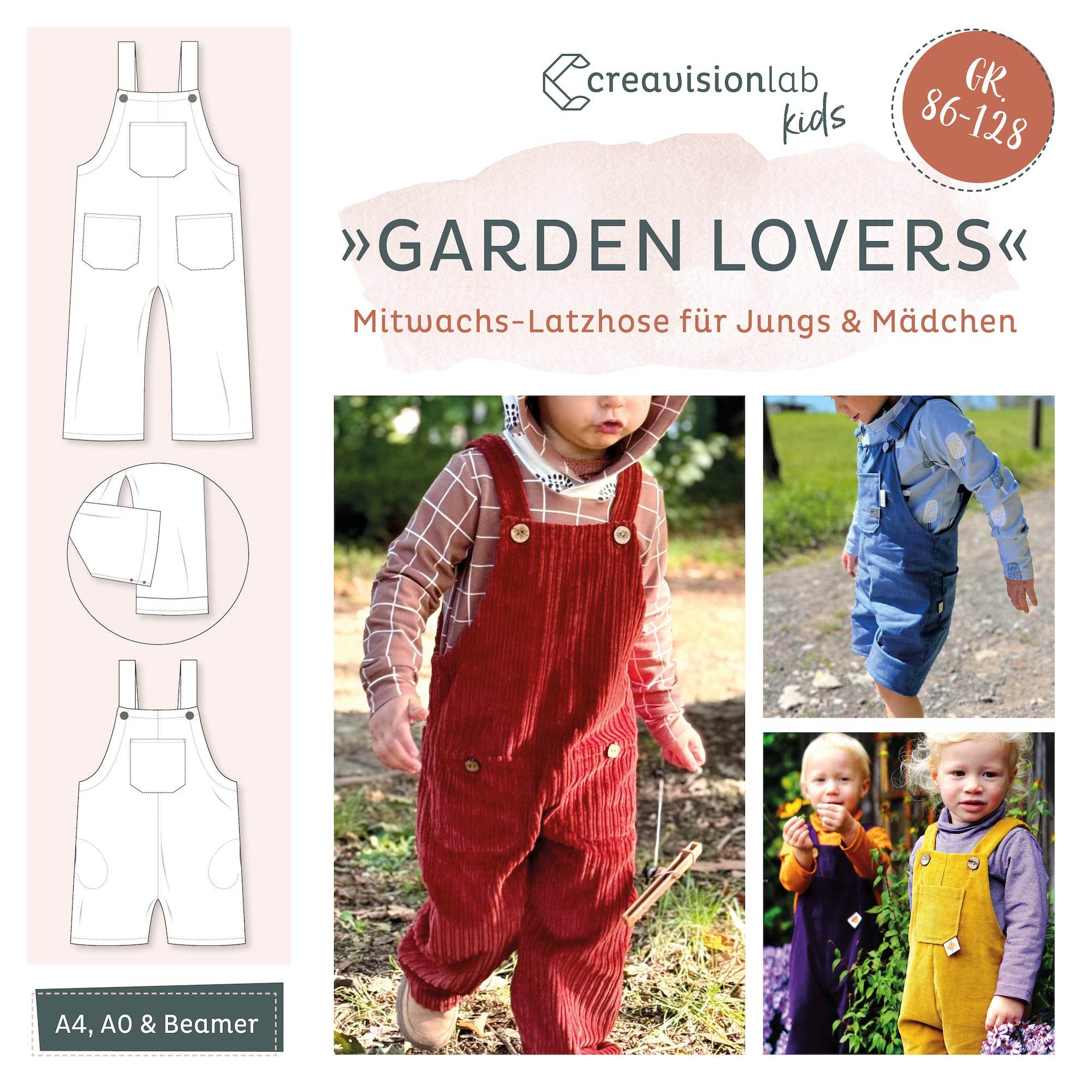 Schnittmuster Mitwachs-Kinderlatzhose & Latzshorts | Gr. 86 - 128 - Sewando