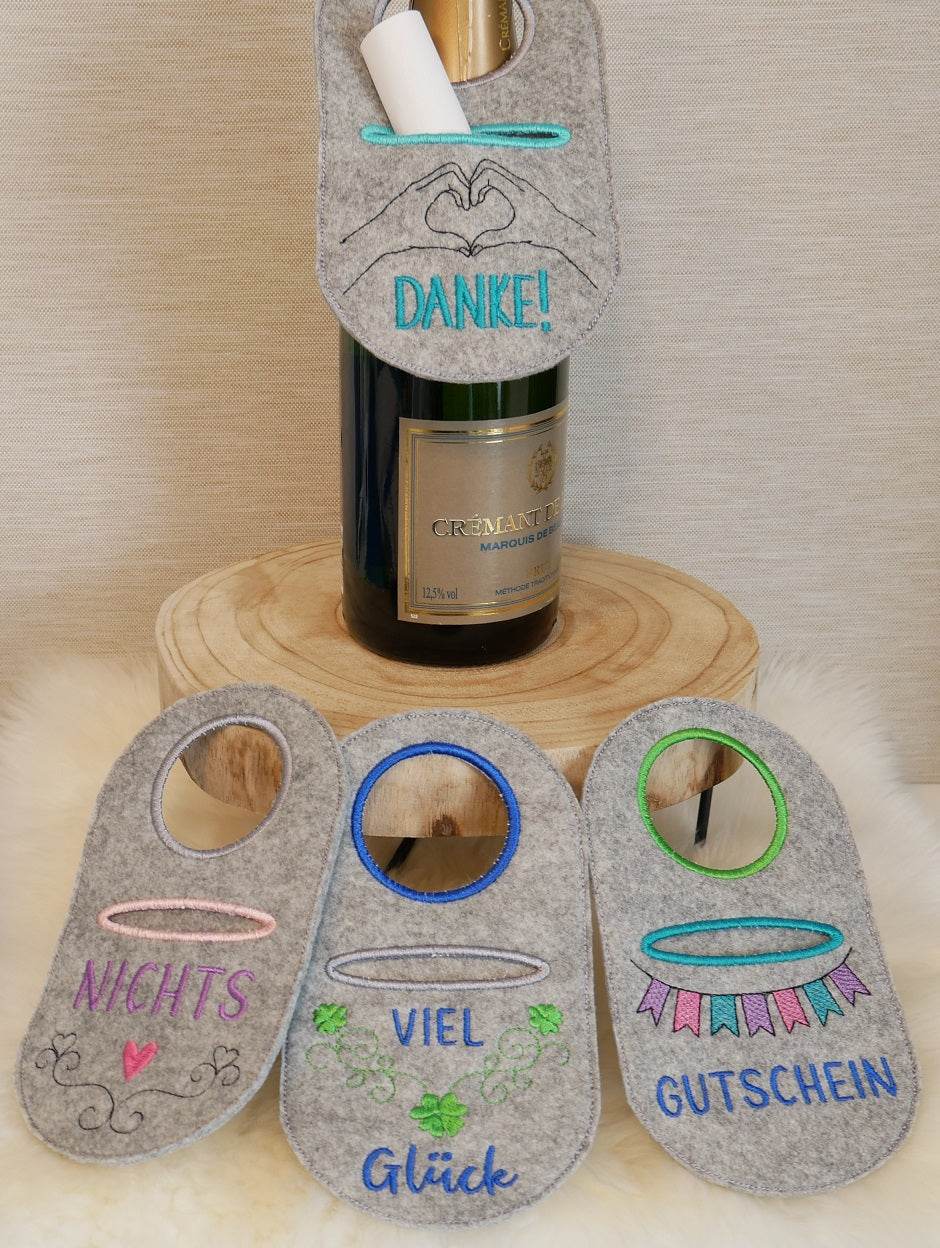 Stickdatei Set Flaschenanhänger Flaschenschürzen Wunscherfüller für Geldgeschenke & Gutscheinhüllen - Sewando