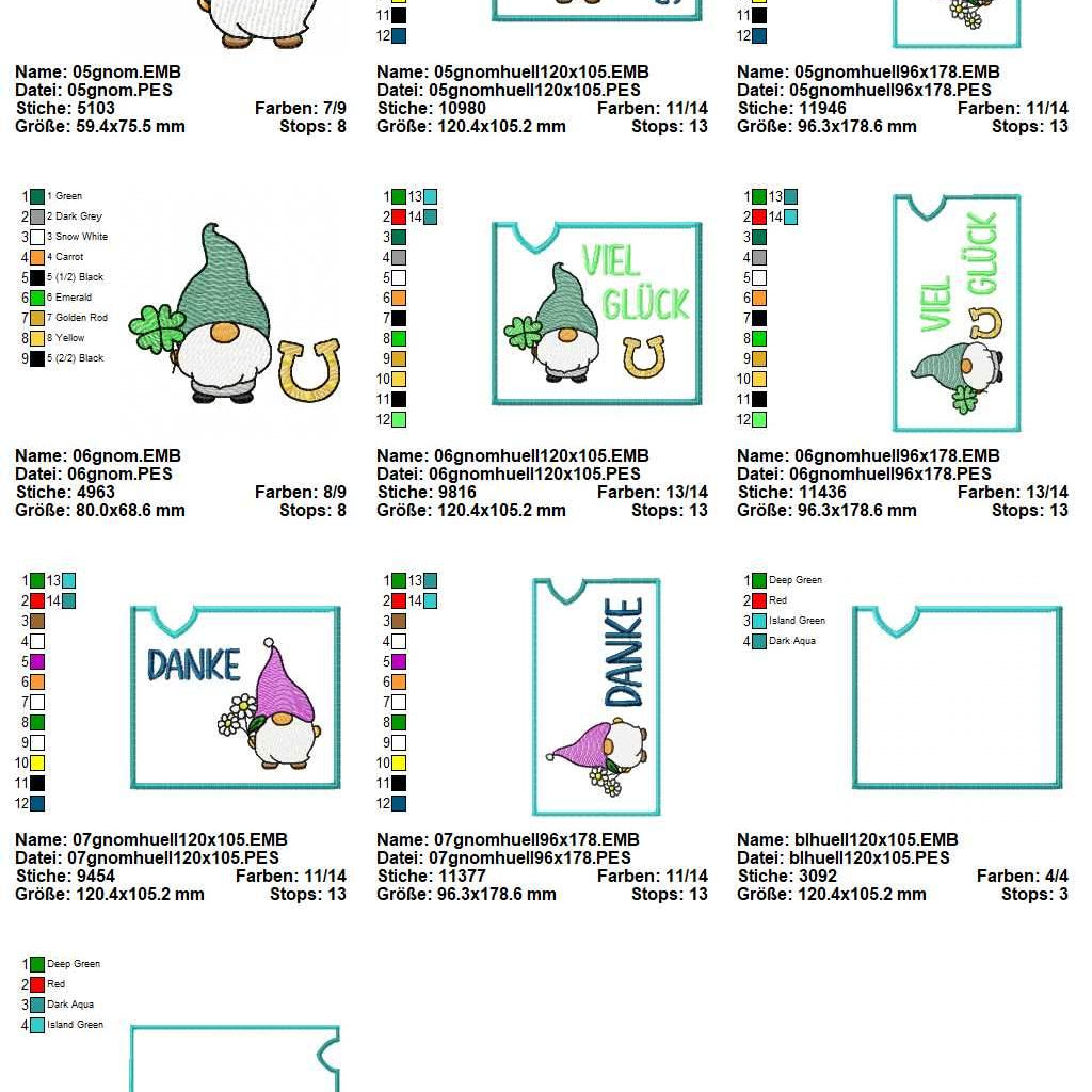 Stickdatei Set ITH Schoko- & Geschenkhüllen Gnome zum Geburtstag, Ostern, Weihnachten, Genesung & Danke - Sewando