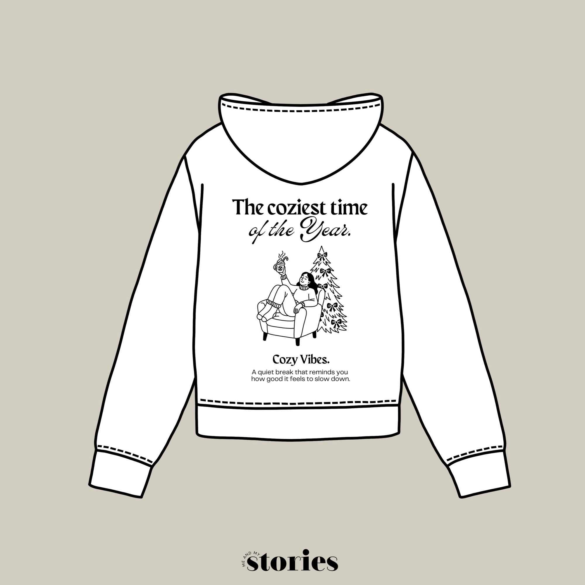 Weihnachtliche Plotterdatei The coziest time of the Year – Line Art Frau im Sessel mit Tanne und Tasse. Perfekt für Christmas Sweater & winterliche DIY-Projekte.