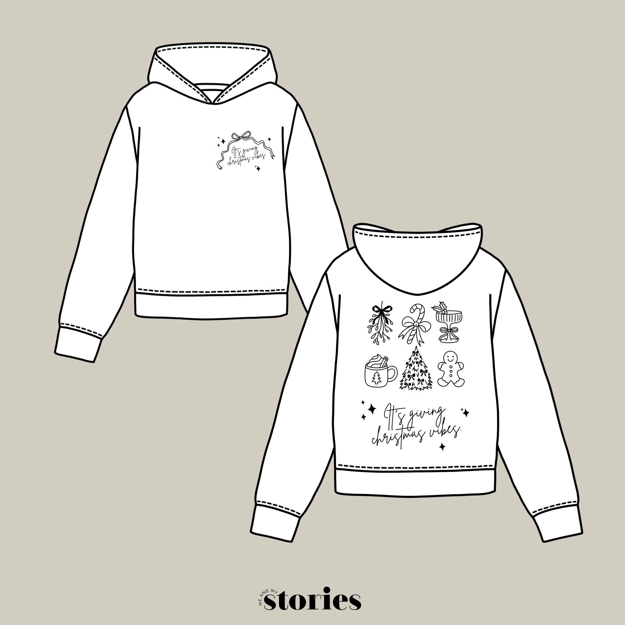 Zweiteilige Plotterdatei Weihnachten – ‚It’s giving Christmas vibes‘ mit Line Art Symbolen wie Mistelzweig, Tasse, Tannenbaum, Lebkuchen & Schleifen. Perfekt für Christmas Sweater & DIY.