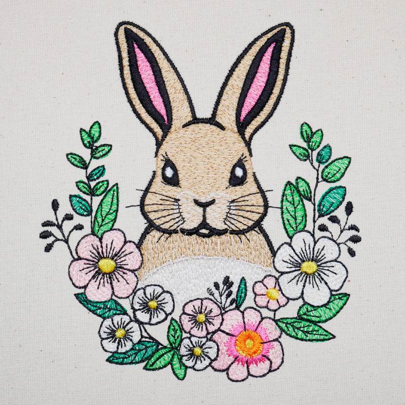 Stickdatei Set Easter Bunnies, Hase 2 Versionen, Blumenranken, Schriftzug Frohe Ostern und ITH Schild - Sewando