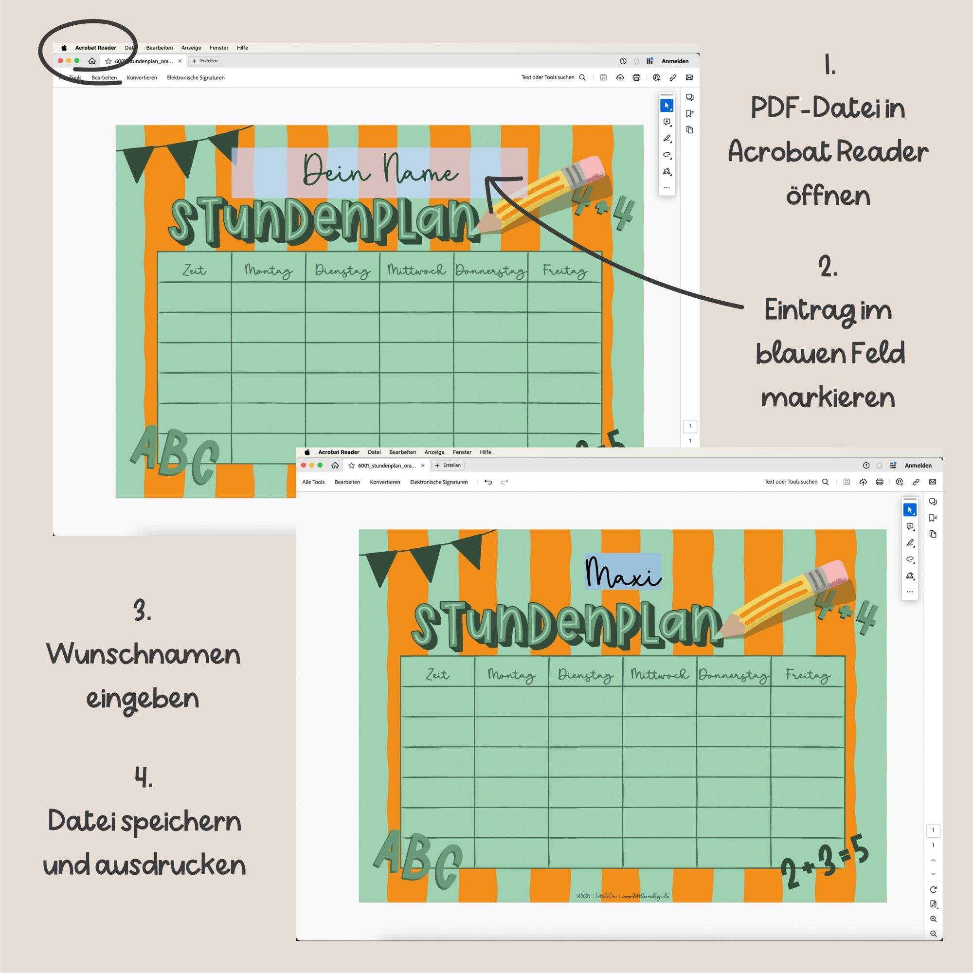 Stundenplan mit eigenem Namen - orange / lila - Printable - Sewando
