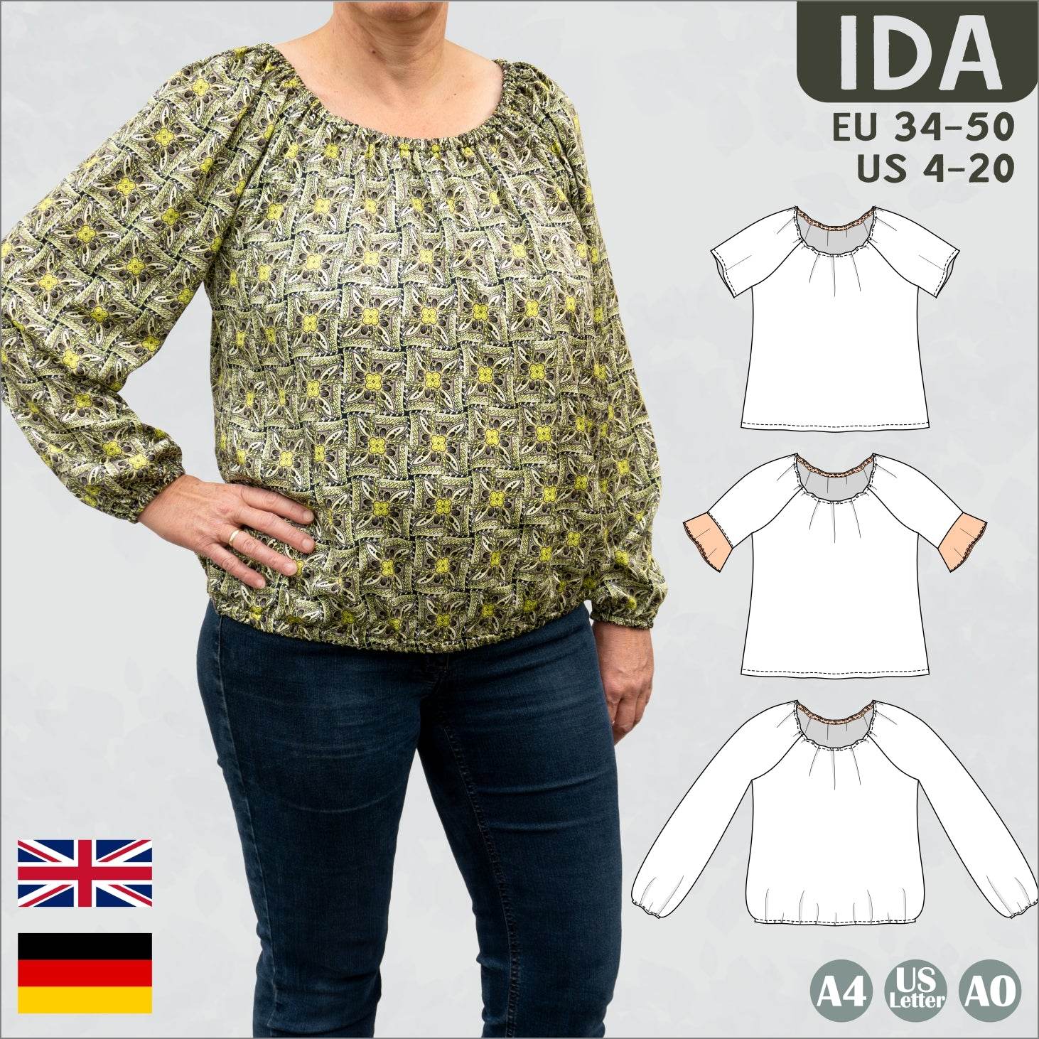 Schnittmuster Ida – Carmenbluse mit Gummizug und Volantärmeln Gr.34-50/ BU 80-116 - Sewando