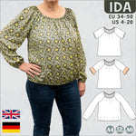 Schnittmuster Ida – Carmenbluse mit Gummizug und Volantärmeln Gr.34-50/ BU 80-116 - Sewando