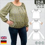 Schnittmuster Ida – Carmenbluse mit Gummizug und Volantärmeln Gr.34-50/ BU 80-116 - Sewando